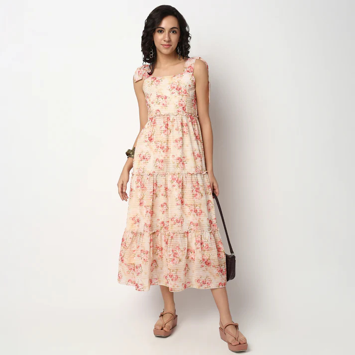 Floral Tie-Up Straps Flare Fit Dress